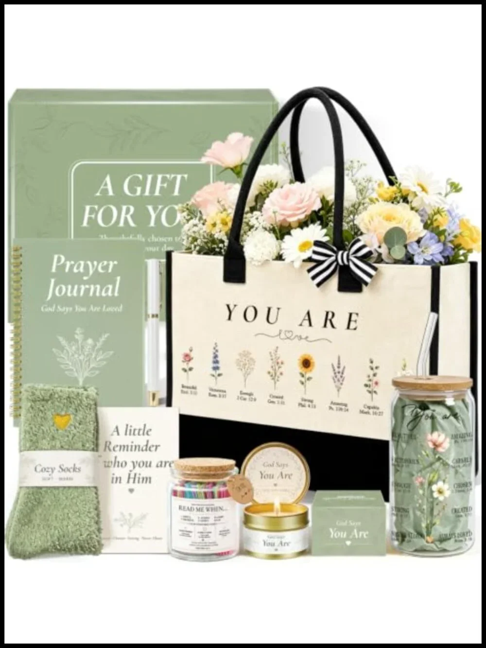 Christian Gift Basket Set 16oz Glass Tumbler Tote Socks Candle for Women